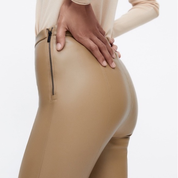 Zara Tan Straight Faux Leather Leggings Side Zip Split Leg New - Picture 6 of 7